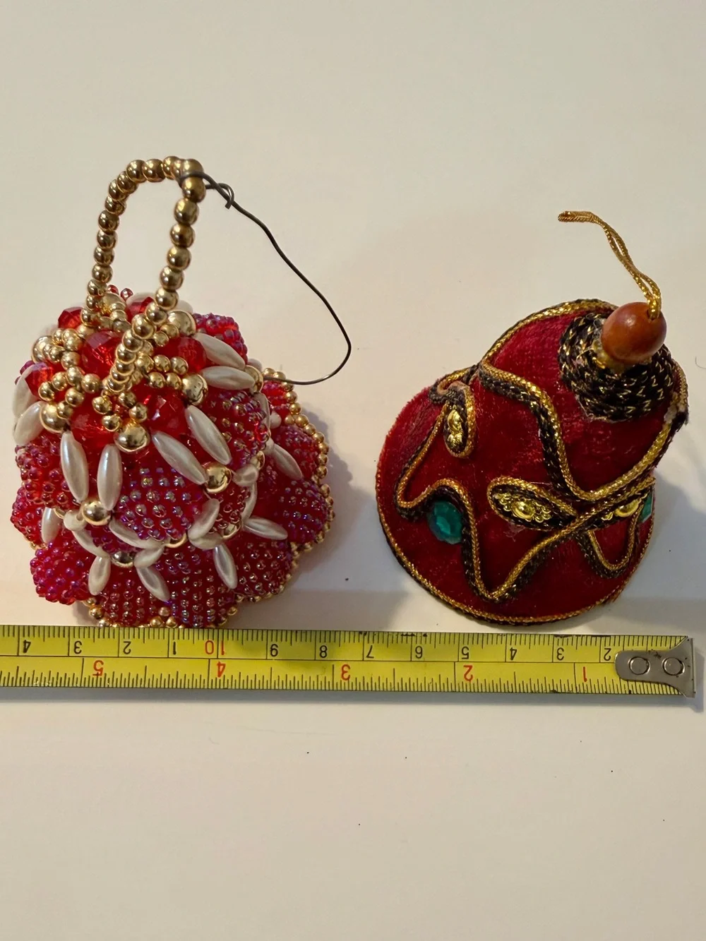 Vintage Christmas Beaded Velvet Bell Bauble Ornaments Small Red Set Of 2 Hanging